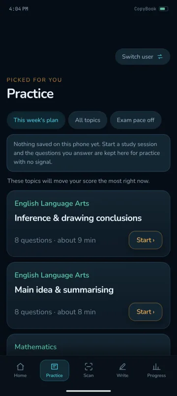 The Practice screen in the CopyBook app: topics picked for the child, such as English Language Arts inference and drawing conclusions, eight questions in about nine minutes.