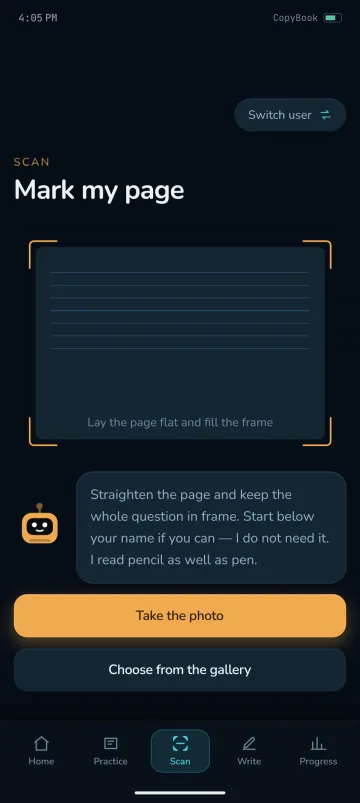 The Scan screen in the CopyBook app, Mark my page: a camera frame with buttons to take a photo of a written page or choose one from the gallery.