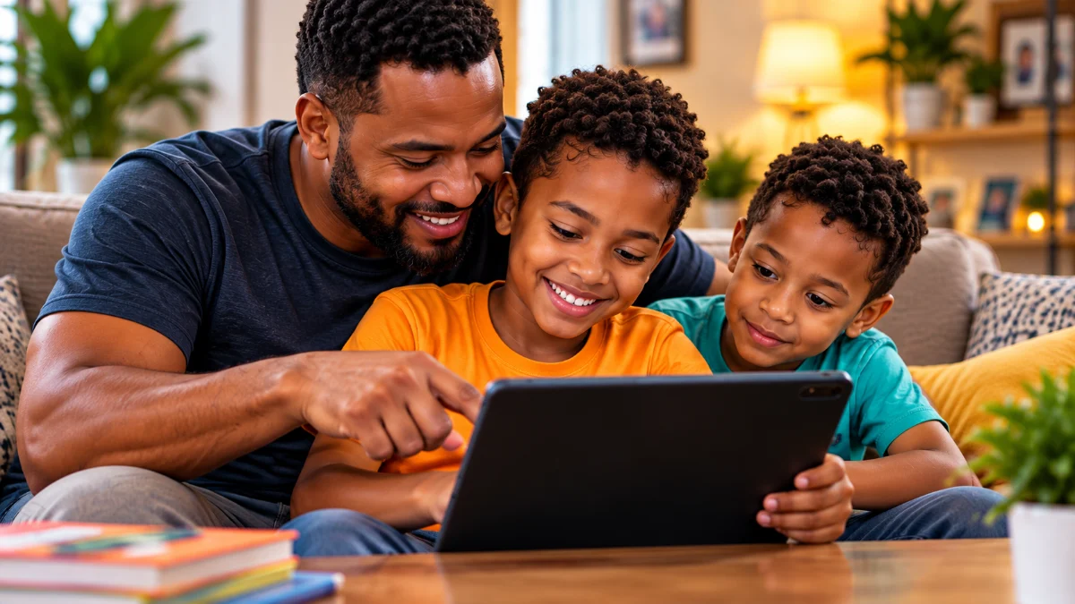 A father on the sofa with his two sons, all three looking at the tablet he is pointing at